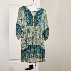 JODIFL Teal and Cream Floral Long Sleeve Dress